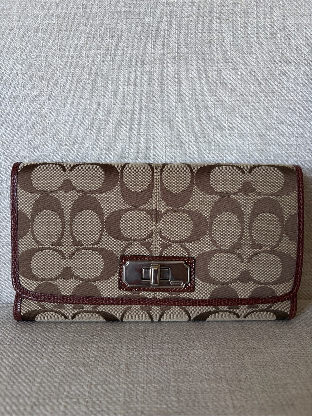 Coach Vintage Brown Signature Canvas Checkbook Clutch Wallet with Turn-Lock